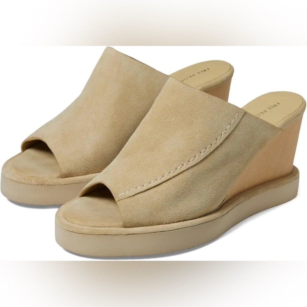 NIB Free People Running in Wedges Slides Cafe Beige Tan Wood Heel Sz 9.5